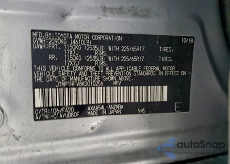 2019 Toyota Rav4 Xle из США, поврежденный, VIN JTMP1RFV8KD010256